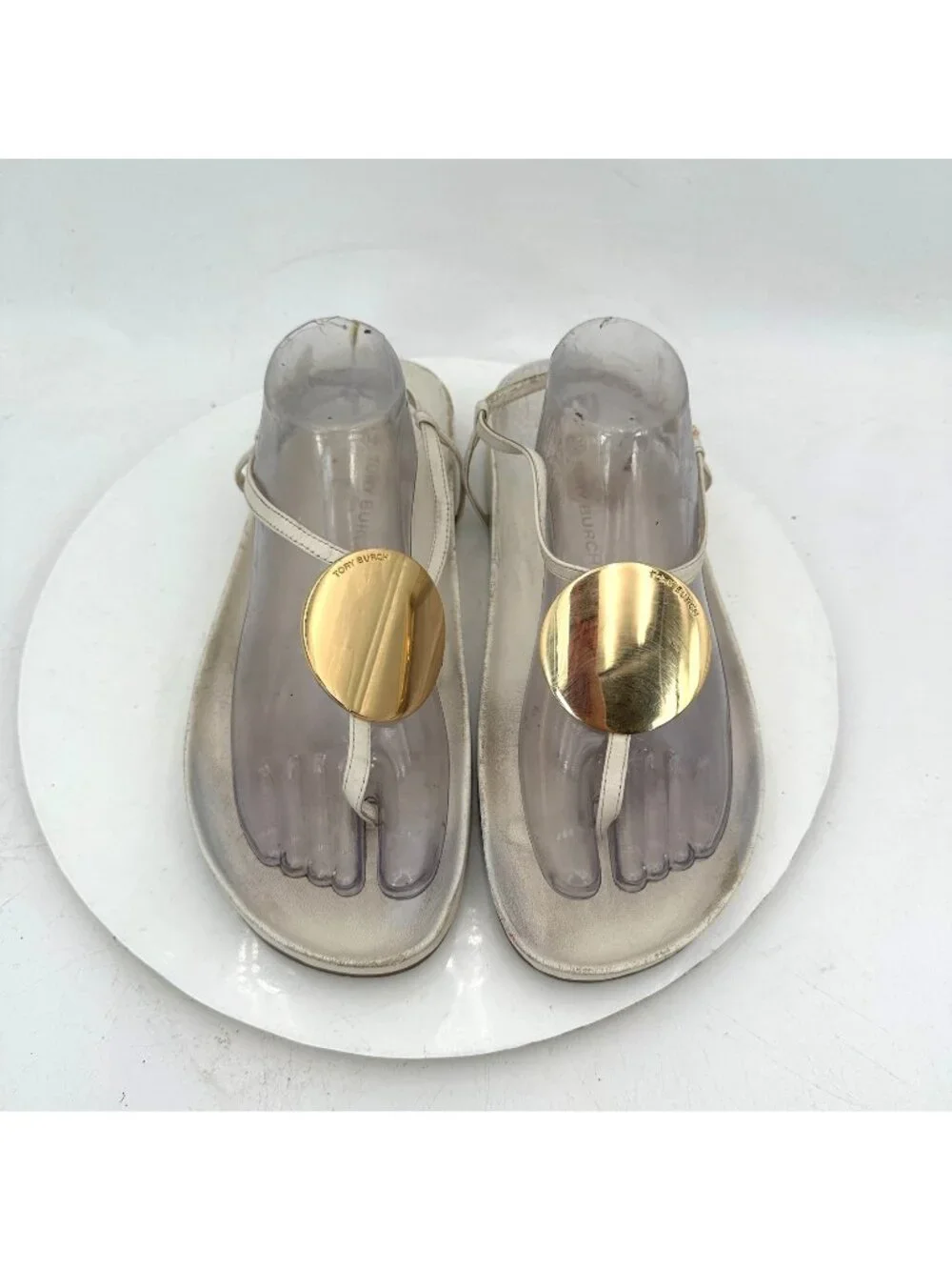 Tory Burch Patos Disk Women Size 10.5M Ivory Leather Gold Strap Thong Sandal